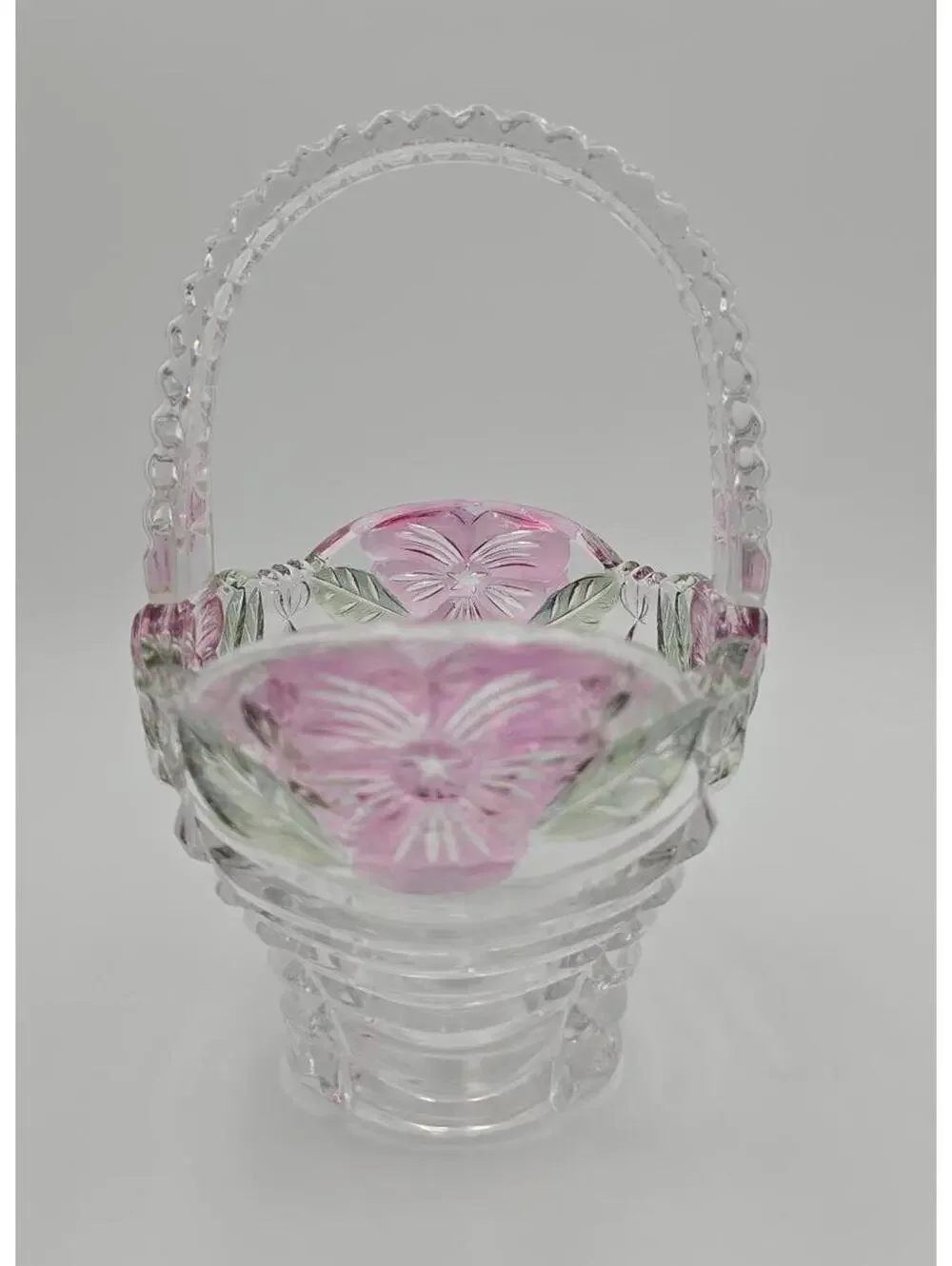 Vintage Handcrafted Anna Hutte Bleikristall Crystal Basket Pink Pressed Flowers